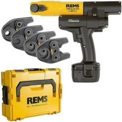 REMS Radial-Pressmaschine Mini-Press ACC + Kunststoff-Systemkoffer + 4 Stk. Presszangen Mini TH 16, 20, 26, 32