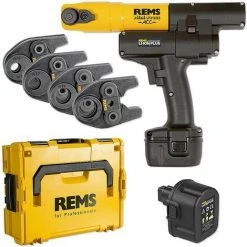 REMS Radial-Pressmaschine Mini-Press ACC + Kunststoff-Systemkoffer + 4 Stk. Presszangen Mini TH 16, 20, 26, 32 + 2. Akku 14,4 V - 5,0 Ah