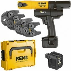 REMS Radial-Pressmaschine Mini-Press ACC + Kunststoff-Systemkoffer + 4 Stk. Presszangen Mini V 15, 18, 22, 28 + 2. Akku 14,4 V - 5,0 Ah
